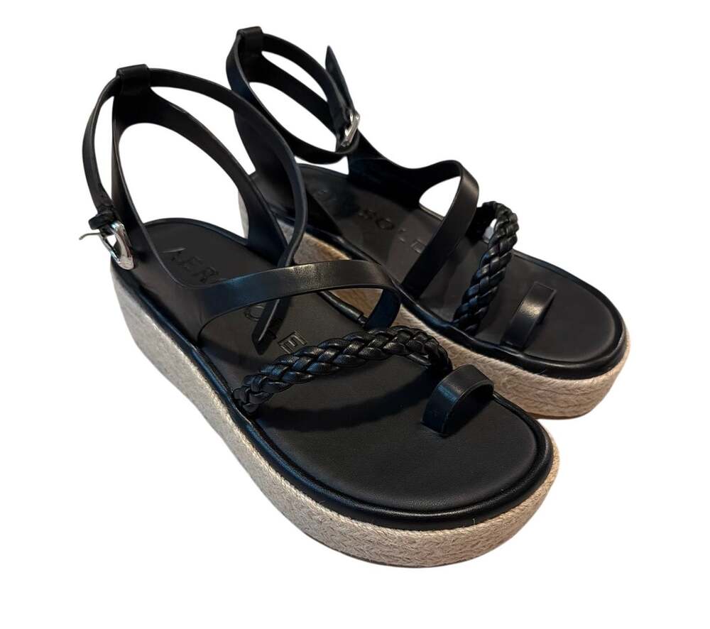 Aerosoles Dolly Braided Flatform Wedge Sandals Black Leather Women’s Size 6.5